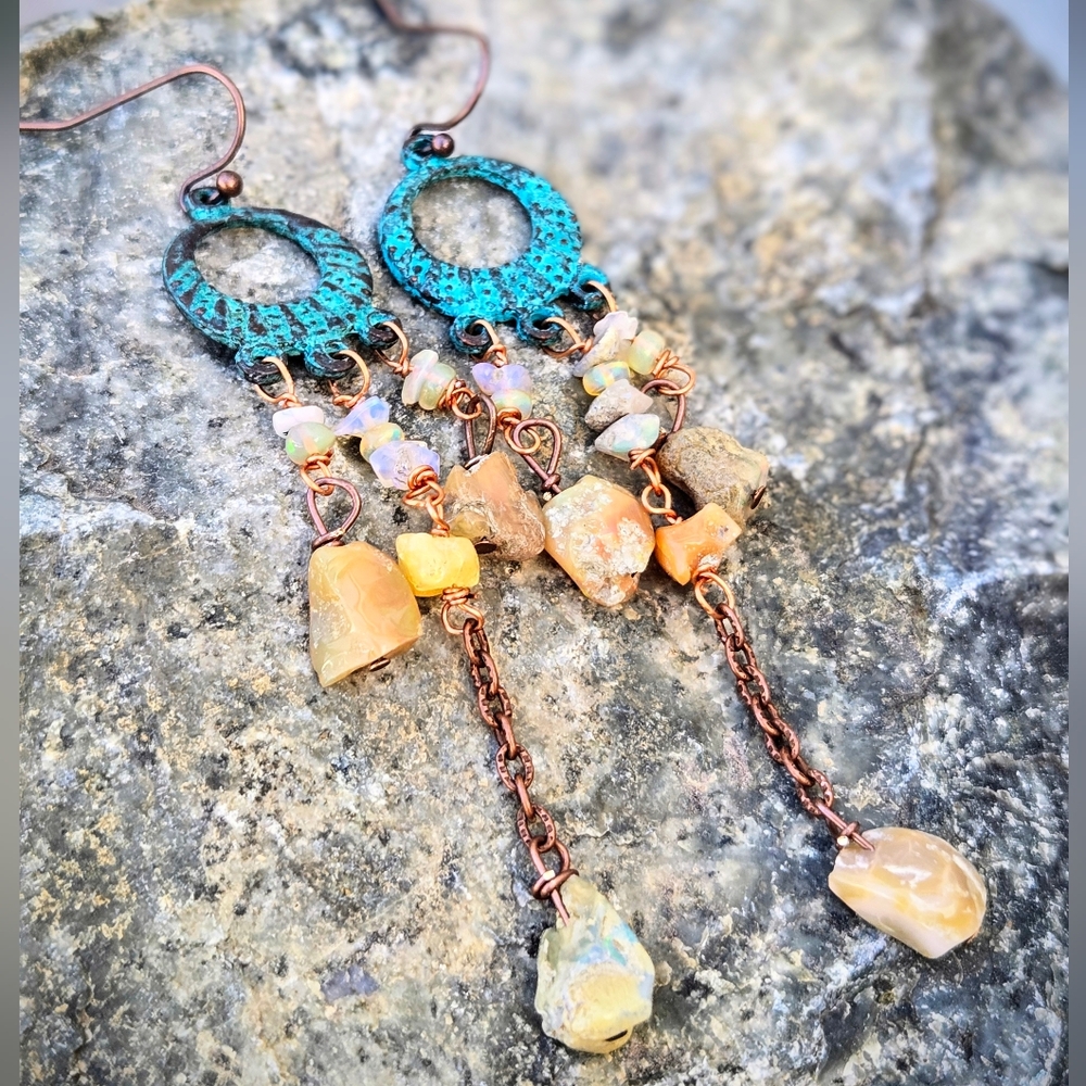 Spellbinding Ethiopian Welo Yellow Opal In Verdigris Blue Patina Copper Earrings - Picture 5 of 9